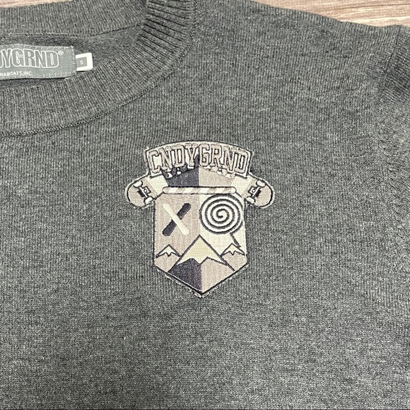 CNDYGRND Candy Grind Gray Knit Sweater Small Embroidered Logo Corduroy Patches - Picture 3 of 9